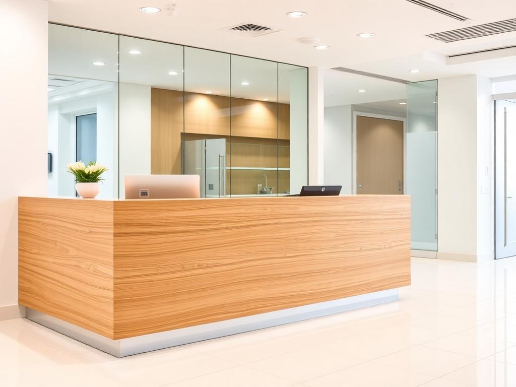 Meja resepsionis modern dari kayu hangat